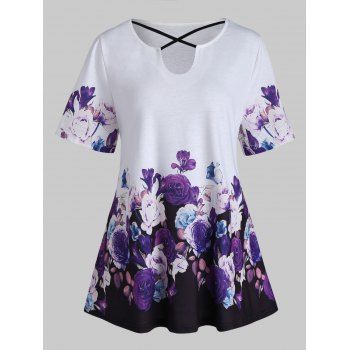 

Plus Size Casual T Shirt Crisscross Cut Out Short Sleeve Rose Floral Print Summer Tee, Multicolor