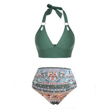 

Bohemian Halter Tankini Swimsuit Floral Print Plunging Neck Ruched High Waist Bottom Tummy Control Summer Swimwear, Deep green