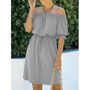 

Casual Dress Solid Color Off the Shoulder Tied Ruffle High Waist A Line Mini Summer Dress, Light gray