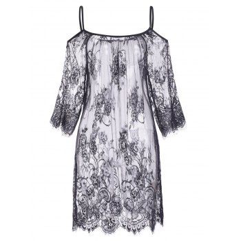 

Sheer Cover Up Top Solid Color Floral Lace Cold Shoulder Short Sleeve Beach Cover-ups, Black