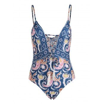 

Bohemian One-piece Swimsuit Printed Lace Up Cut Out Fringed Plunging Neck Summer Beach Swimwear, Blue