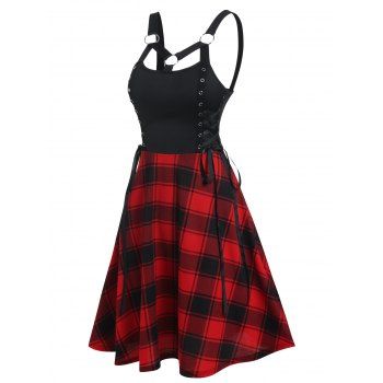 

Gothic Dress Plaid Print Dress Corset Style Lace Up Dress O Ring Backless A Line Dress, Deep red