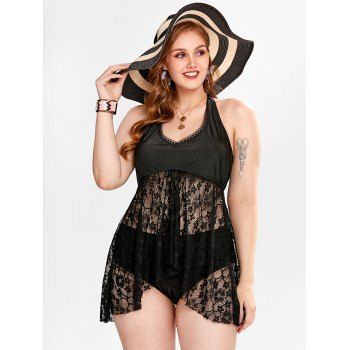 Plus Size High Low Lace Panel Halter Padded Tankini Swimsuit