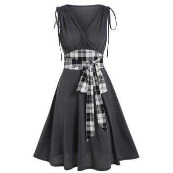 

Grecian Style Vintage Dress Plaid Print Bowknot A Line Dress Cinched Tie Surplice Plunging Neck Dress, Dark gray