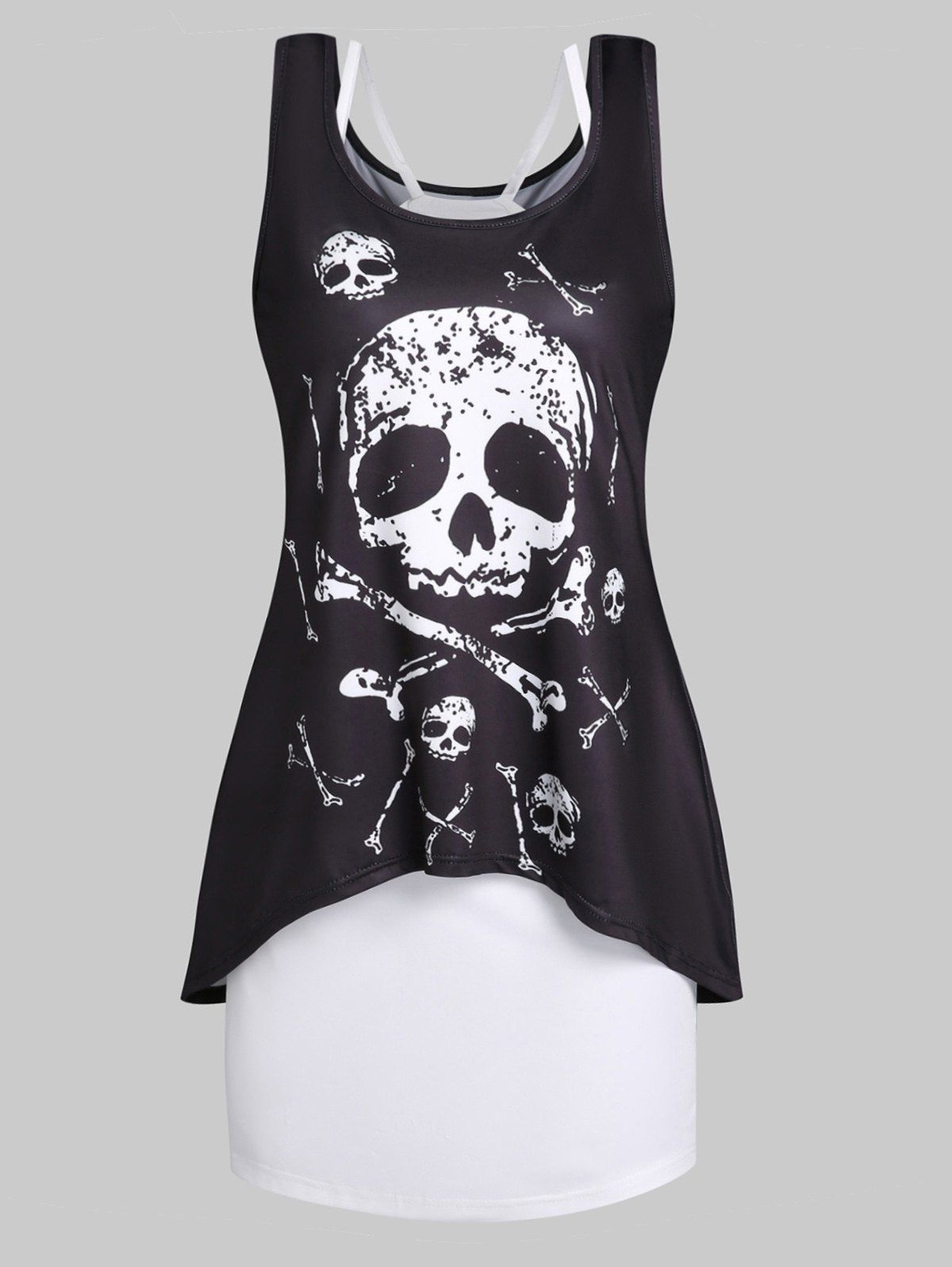 Skull Print High Low Tank Dress And Basic Cami Dress Gothic Two Piece Set - BLACK XXXL
