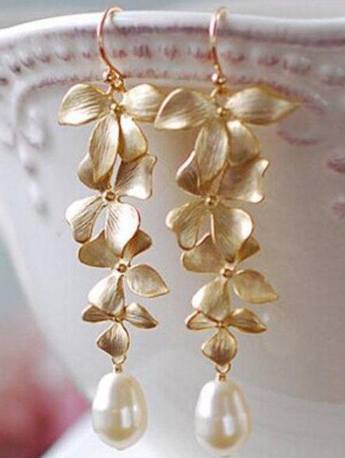 Boucles D'Oreilles Pendantes Elégantes Vintages Fleuries Fausse Perle - d'or 