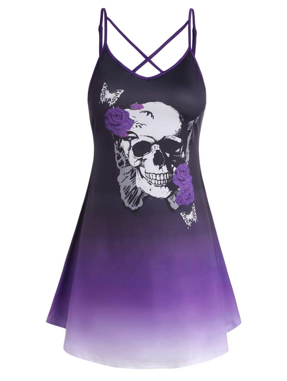 Plus Size & Curve Dress Gothic Dress Skull Rose Butterfly Print Crisscross Mini Tank Dress - PURPLE 2X