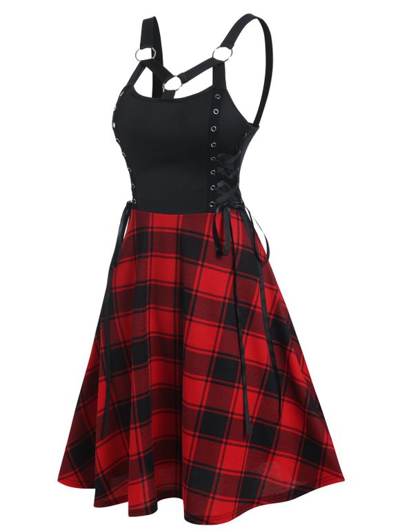 Gothic Dress Plaid Print Dress Corset Style Lace Up Dress O Ring Backless A Line Dress - DEEP RED XXXL