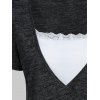 Casual T Shirt Contrast Colorblock Heather Lace Panel Mock Button Short Sleeve Summer Tee - DARK GRAY XXXL