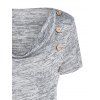Space Dye Mock Button Ruched Draped Summer Casual T Shirt - GRAY M
