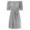 Casual Dress Solid Color Off the Shoulder Tied Ruffle High Waist A Line Mini Summer Dress - LIGHT GRAY XL