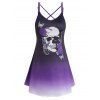 Plus Size & Curve Dress Gothic Dress Skull Rose Butterfly Print Crisscross Mini Tank Dress - PURPLE 2X