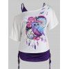 Plus Size Solid Color Cinched Tank Top and Dreamcatcher Floral Owl Print Skew Neck Ruched T Shirt Summer Casual Set - PURPLE 4X
