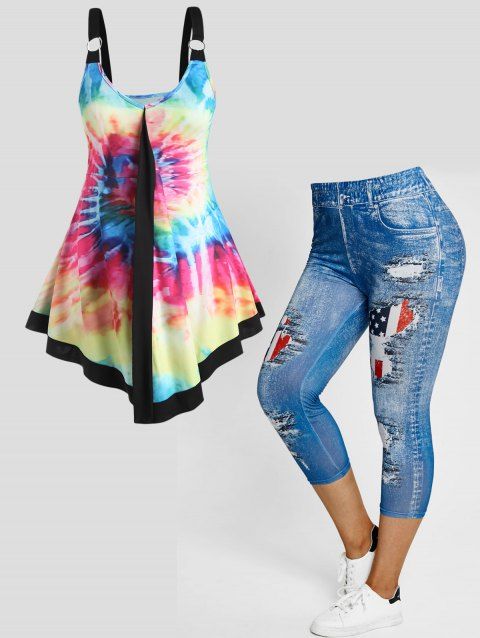 Plus Size & Curve Colorful Tie Dye Asymmetric Tank Top And American Flag Print Casual Capri Jeggings Summer Outfit