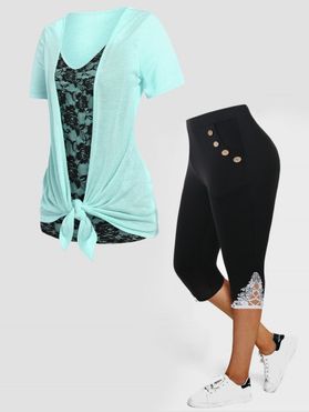 Plus Size & Curve Lace Panel Bicolor Draped T-shirt And  Mock Button Lace Panel Hollow Out Capri Leggings Summer Outfits