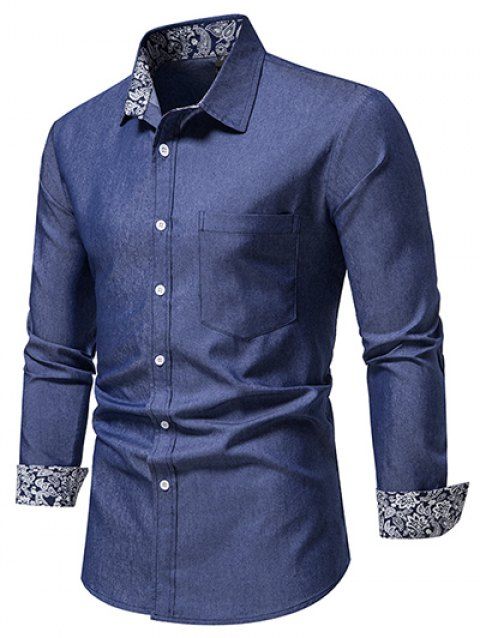 Casual Shirt Paisely Print Insert Chambray Front Pocket Turn Down Collar Long Sleeve Shirt
