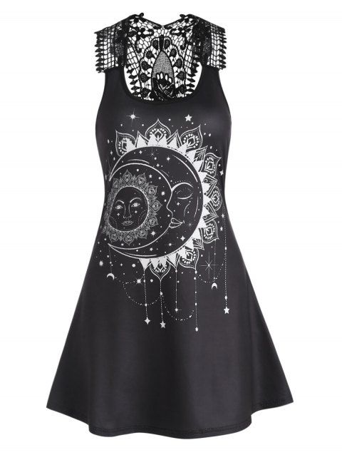 Mini Robe D'Eté Décontractée Ligne A Vintage Etoile Lune Soleil Découpée Panneau en Dentelle