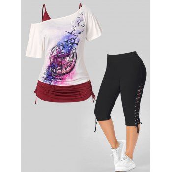 

Plus Size Solid Color Cinched Tank Top Clock Floral Print T Shirt and Lace Up Eyelet Capri Leggings Summer Casual Outfit, Multicolor