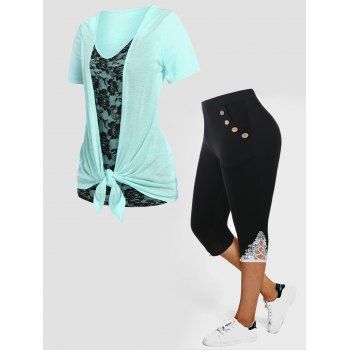 

Plus Size & Curve Lace Panel Bicolor Draped T-shirt And Mock Button Lace Panel Hollow Out Capri Leggings Summer Outfits, Multicolor