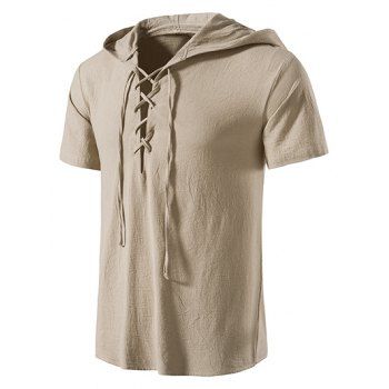 

Casual T Shirt Hooded Solid Color Lace Up Short Sleeve Summer T Shirt, Light coffee