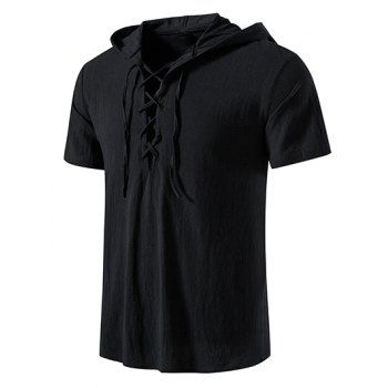 

Casual T Shirt Hooded Solid Color Lace Up Short Sleeve Summer T Shirt, Black
