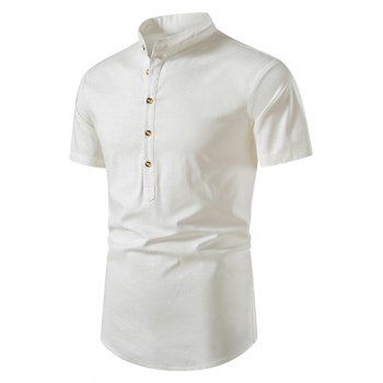 

Summer Shirt Solid Color Stand Collar Short Sleeve Button-up Casual Shirt, White