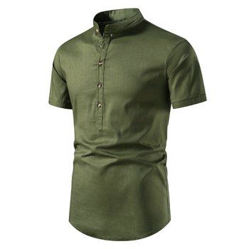 

Summer Shirt Solid Color Stand Collar Short Sleeve Button-up Casual Shirt, Army green