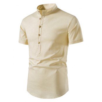 

Summer Shirt Solid Color Stand Collar Short Sleeve Button-up Casual Shirt, Light khaki