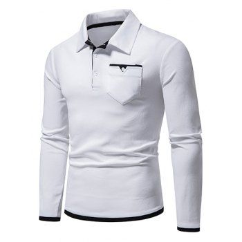 

Casual T Shirt Colorblock Long Sleeve Front Pockets Half Button Turn Down Collar Tee, White