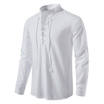 

Casual Shirt Solid Color Lace Up Long Sleeve Turn Down Collar Shirt, White
