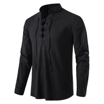 

Casual Shirt Solid Color Lace Up Long Sleeve Turn Down Collar Shirt, Black