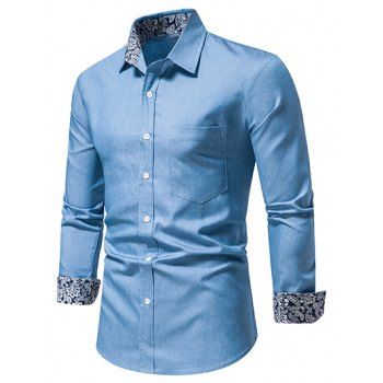 

Casual Shirt Paisely Print Insert Chambray Front Pocket Turn Down Collar Long Sleeve Shirt, Light blue