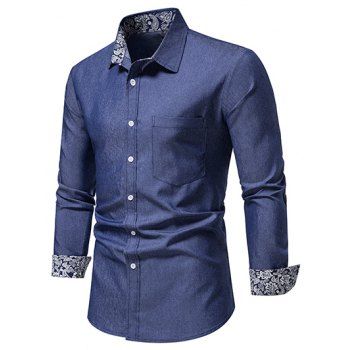 

Casual Shirt Paisely Print Insert Chambray Front Pocket Turn Down Collar Long Sleeve Shirt, Deep blue