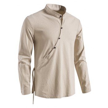 

Vintage Shirt Solid Color Slit Stand Collar Long Sleeve Side Button Casual Shirt, Light khaki