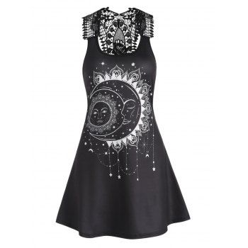 Vintage Tank Dress Sun Moon Star Print Flower Lace Panel Hollow Out A Line Mini Summer Casual Dress