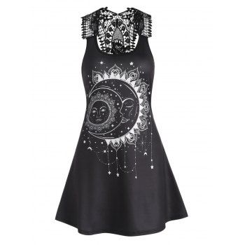 

Vintage Tank Dress Sun Moon Star Print Flower Lace Panel Hollow Out A Line Mini Summer Casual Dress, Black