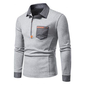 Casual T Shirt Contrast Colorblock Front Pockets Half Button Turn Down Collar Long Sleeve Tee