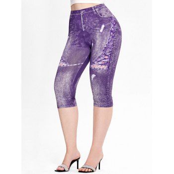 

Plus Size 3D Jeans Printed Leggings, Purple