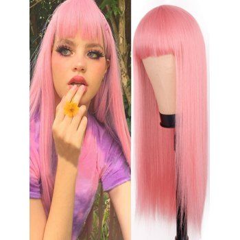 

Straight Long Wig Solid Color Full Bangs Trendy Heat Resistance Synthetic Hair, Light pink