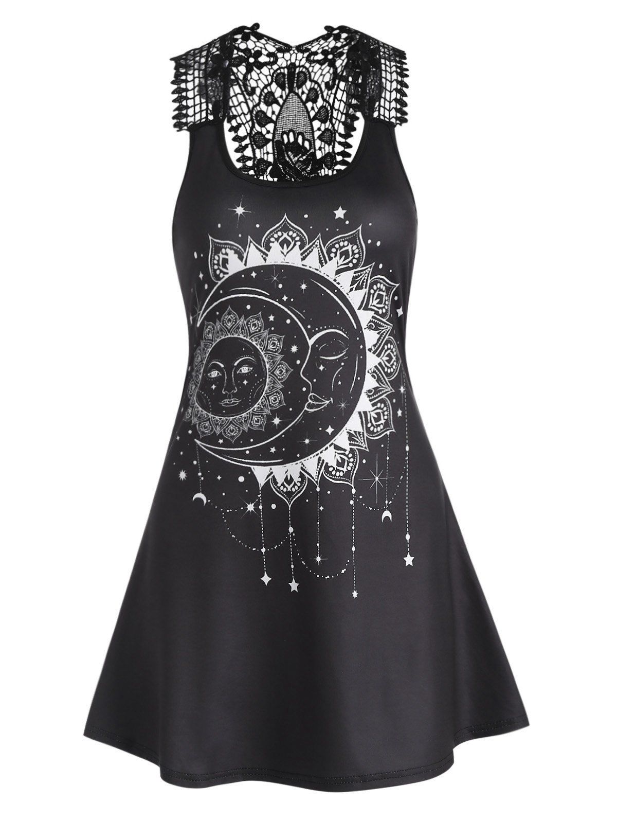 Vintage Tank Dress Sun Moon Star Print Flower Lace Panel Hollow Out A Line Mini Summer Casual Dress - BLACK L