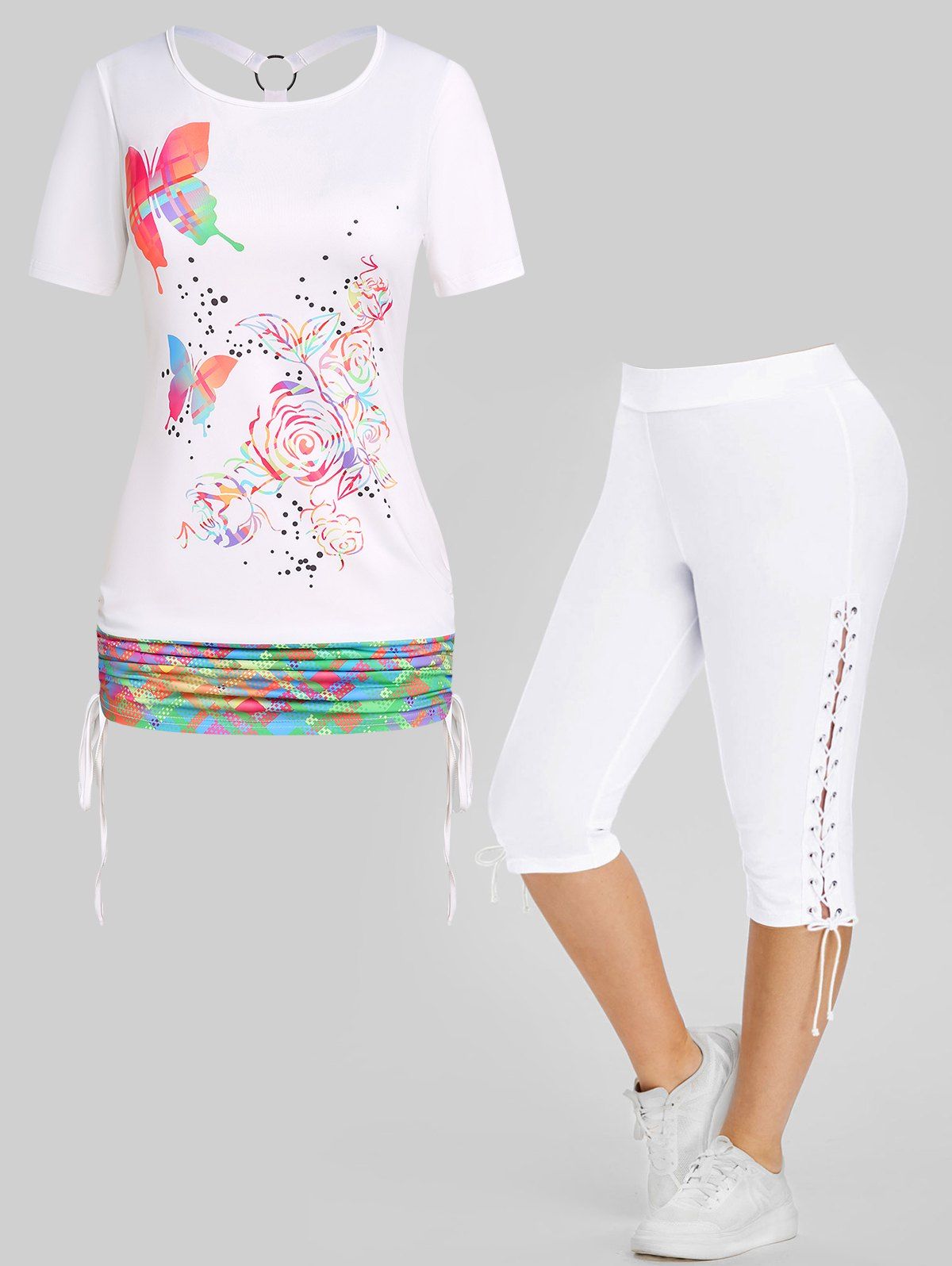 Ensemble de T-shirt D'Eté Découpé à Imprimé Rose Papillon de Grande Taille et Legging Corsaire à Lacets - multicolor L