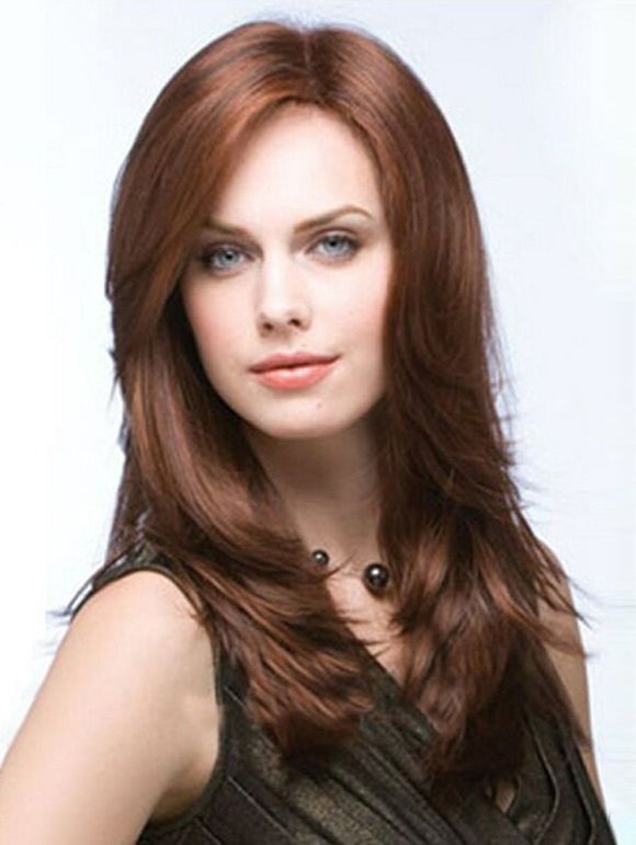 Natural Straight Wig Medium Side Bang Heat Resistant Synthetic Wig - COFFEE 