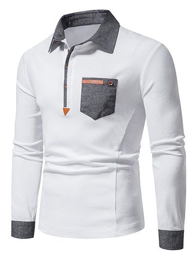 T-shirt Décontracté Contrasté à Demi-Bouton avec Poche en Avant à Manches Longues à Col Relevé - Blanc XL