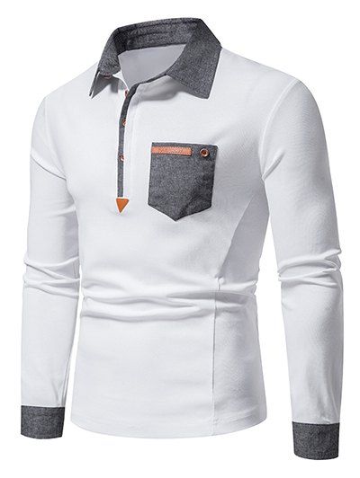 T-shirt Décontracté Contrasté à Demi-Bouton avec Poche en Avant à Manches Longues à Col Relevé - Blanc L