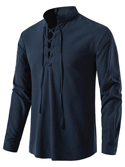 Casual Shirt Solid Color Lace Up Long Sleeve Turn Down Collar Shirt - CADETBLUE XXL