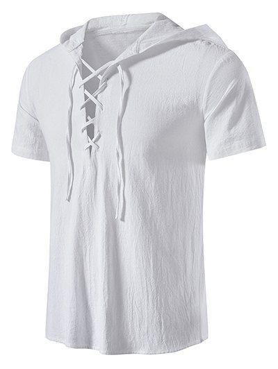 T-shirt à Capuche D'Eté Décontracté en Couleur Unie à Manches Courtes à Lacets - Blanc XXL