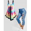 Plus Size & Curve Colorful Tie Dye Asymmetric Tank Top And American Flag Print Casual Capri Jeggings Summer Outfit - multicolor L
