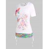 Ensemble de T-shirt D'Eté Découpé à Imprimé Rose Papillon de Grande Taille et Legging Corsaire à Lacets - multicolor L