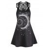 Vintage Tank Dress Sun Moon Star Print Flower Lace Panel Hollow Out A Line Mini Summer Casual Dress - BLACK L