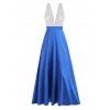 Sequined Maxi Party Dress Lace Insert Satin High Waist Plunging Neck A Line Semi Formal Dress - BLUE M